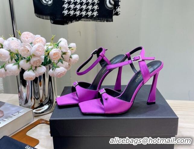 Big Discount Saint Laurent Venue High Heel Sandals 10.5cm in Crepe Satin and Crystals Purple 614080