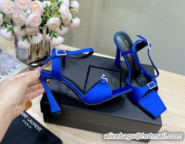 Lower Price Saint Laurent Venue High Heel Sandals 10.5cm in Crepe Satin and Crystals Blue 614081