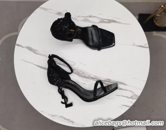 Stylish Saint Laurent Glitter YSL Heel Sandals 8.5cm Black 091160