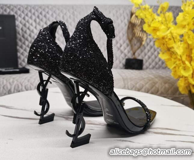 Stylish Saint Laurent Glitter YSL Heel Sandals 8.5cm Black 091160