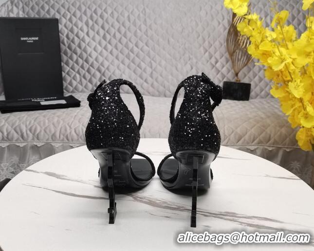 Stylish Saint Laurent Glitter YSL Heel Sandals 8.5cm Black 091160