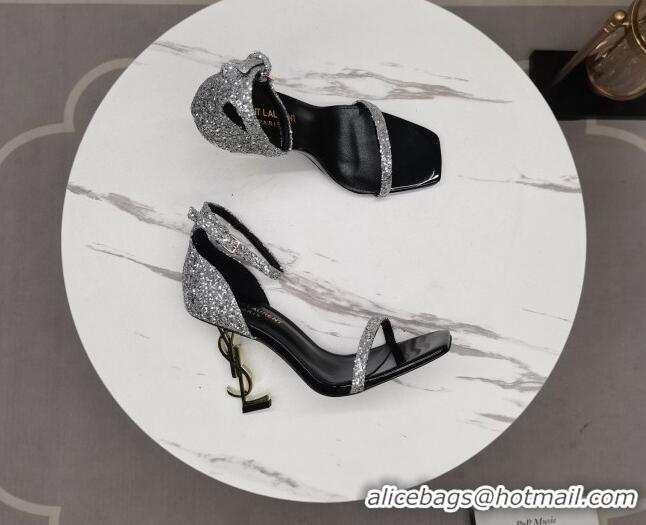 Top Grade Saint Laurent Glitter YSL Heel Sandals 8.5cm Silver 091161