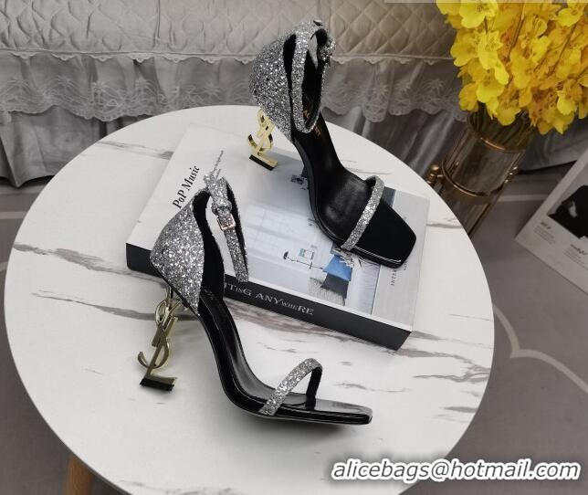 Top Grade Saint Laurent Glitter YSL Heel Sandals 8.5cm Silver 091161