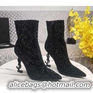 Grade Quality Saint Laurent YSL Heel Crystal Allover Ankle Boots8.5cm Black 091162