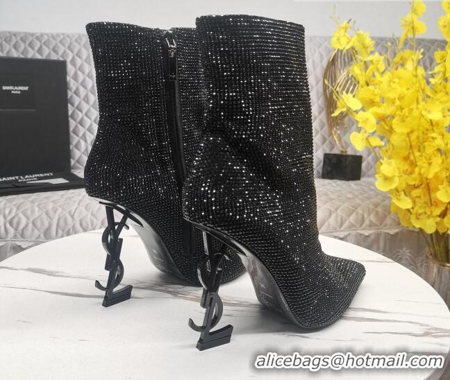 Grade Quality Saint Laurent YSL Heel Crystal Allover Ankle Boots8.5cm Black 091162