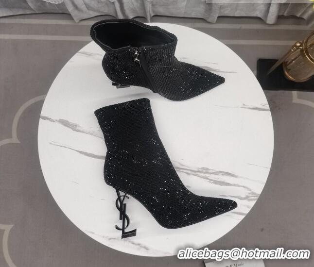 Grade Quality Saint Laurent YSL Heel Crystal Allover Ankle Boots8.5cm Black 091162