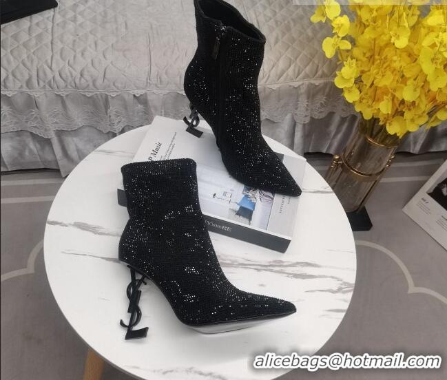 Grade Quality Saint Laurent YSL Heel Crystal Allover Ankle Boots8.5cm Black 091162