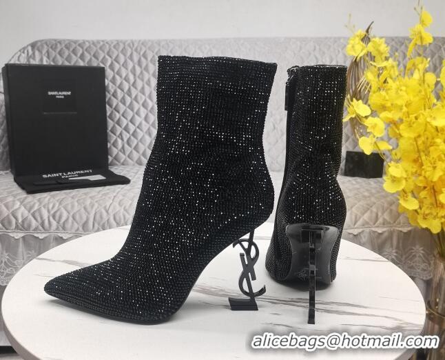 Grade Quality Saint Laurent YSL Heel Crystal Allover Ankle Boots8.5cm Black 091162