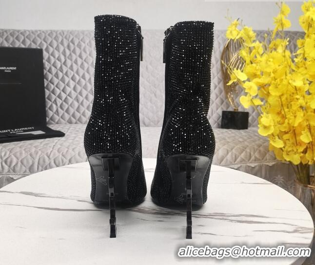 Grade Quality Saint Laurent YSL Heel Crystal Allover Ankle Boots8.5cm Black 091162