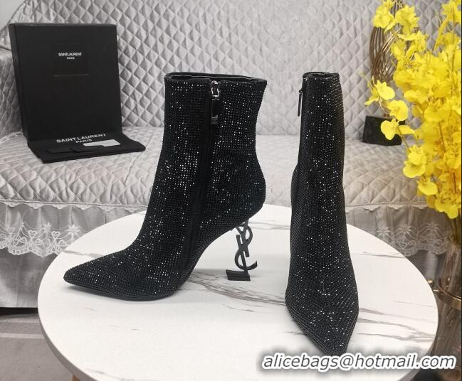 Grade Quality Saint Laurent YSL Heel Crystal Allover Ankle Boots8.5cm Black 091162