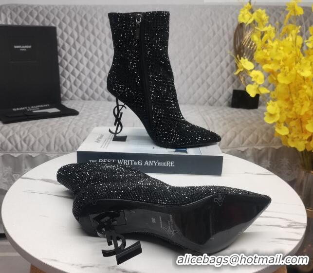 Grade Quality Saint Laurent YSL Heel Crystal Allover Ankle Boots8.5cm Black 091162