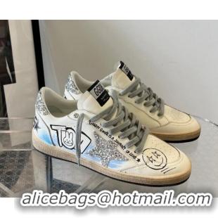 Fashion Golden Goose Ball Star Sneakers in Graffiti Leather White/Blue 607002