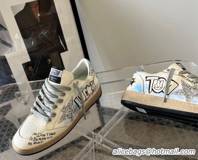 Fashion Golden Goose Ball Star Sneakers in Graffiti Leather White/Blue 607002