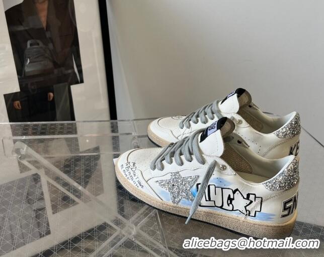 Fashion Golden Goose Ball Star Sneakers in Graffiti Leather White/Blue 607002