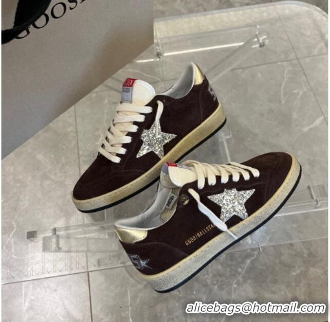 Pretty Style Golden Goose Ball Star sneakers in brown suede with platinum glitter star and white nylon tongue 607015