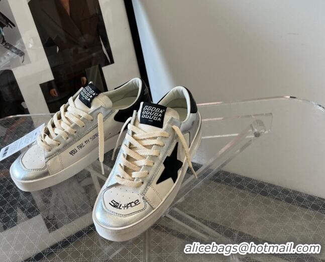 Unique Style Golden Goose Women’s Stardan sneakers in silver laminated leather with white nappa leather inserts and a bl