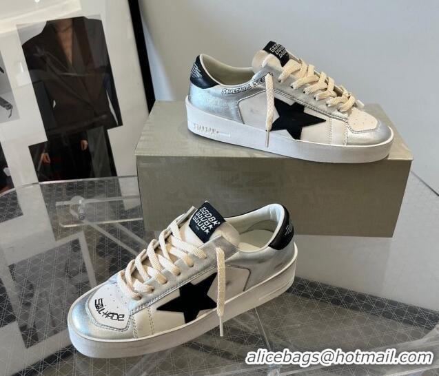 Unique Style Golden Goose Women’s Stardan sneakers in silver laminated leather with white nappa leather inserts and a bl