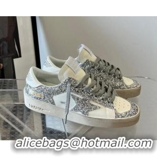 Low Cost Golden Goose Women’s Stardan sneakers with silver glitter in white leather 704026