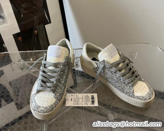 Low Cost Golden Goose Women’s Stardan sneakers with silver glitter in white leather 704026