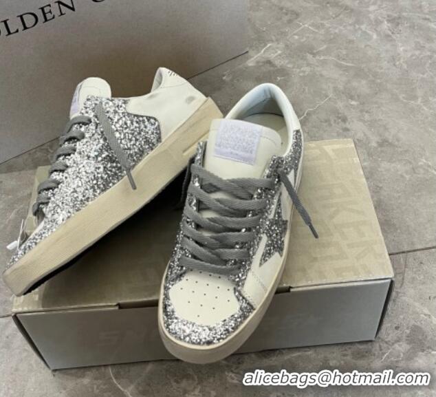 Low Cost Golden Goose Women’s Stardan sneakers with silver glitter in white leather 704026