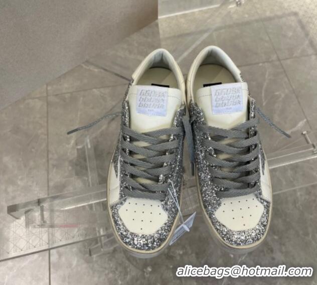 Low Cost Golden Goose Women’s Stardan sneakers with silver glitter in white leather 704026