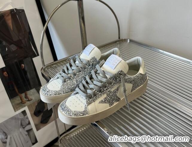 Low Cost Golden Goose Women’s Stardan sneakers with silver glitter in white leather 704026