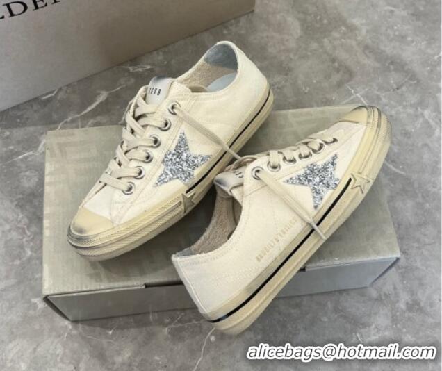 Best Quality Golden Goose GGDB V-Star in white leather with a platinum glitter star 809045