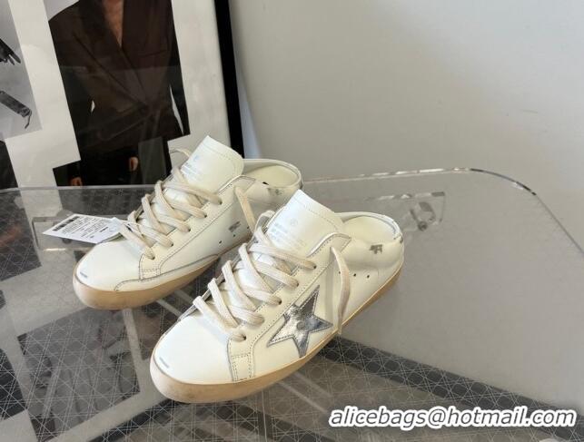 Popular Style Golden Goose GGDB Super-Star Sabots in white leather with silver metallic leather star 809048