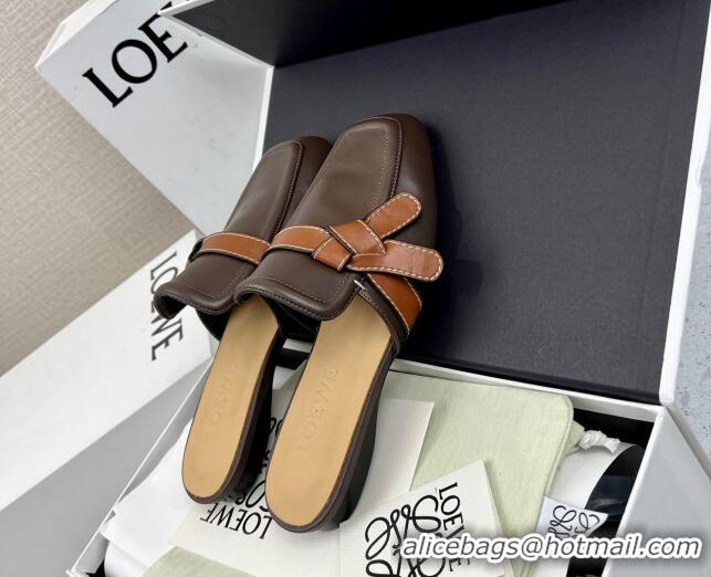 Best Quality Loewe Gate Calfskin Flat Mules Dark Brown/Tan 032871