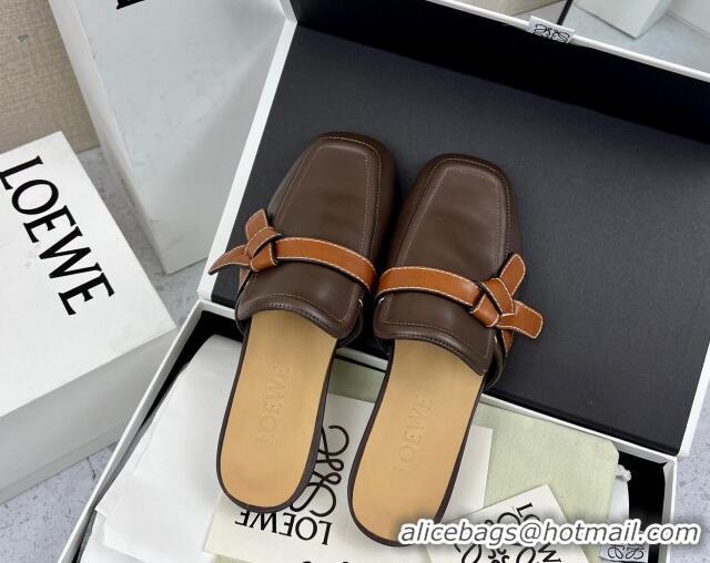 Best Quality Loewe Gate Calfskin Flat Mules Dark Brown/Tan 032871