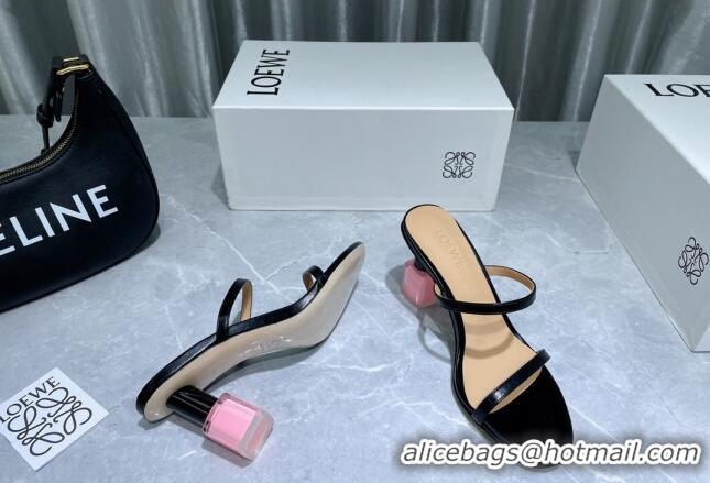 Sumptuous Loewe Lambskin Slide Sandals 6cm with Nail polish Heel Black/Pink 422139 