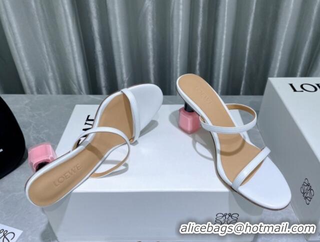 Top Quality Loewe Lambskin Slide Sandals 6cm with Nail polish Heel White/Pink 422140