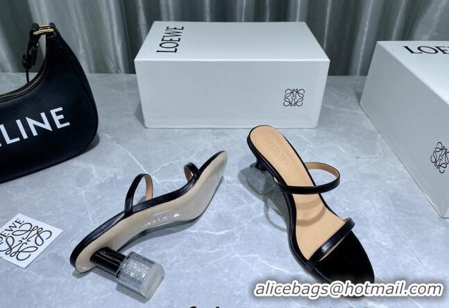 Best Grade Loewe Lambskin Slide Sandals 6cm with Nail polish Heel Black/Silver 422142