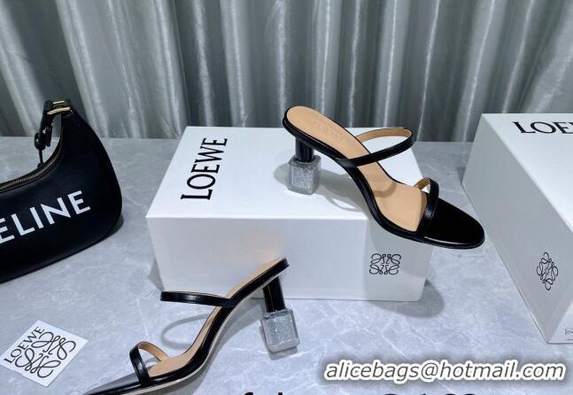 Best Grade Loewe Lambskin Slide Sandals 6cm with Nail polish Heel Black/Silver 422142