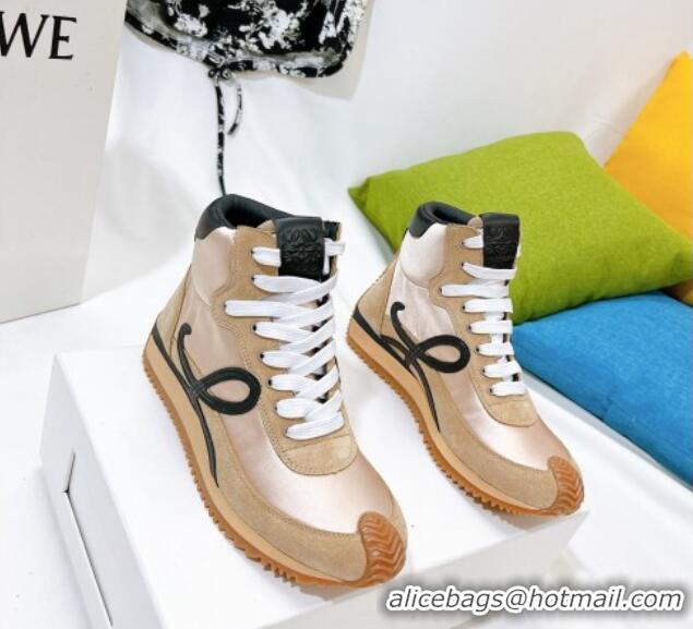 AAAAA Loewe Flow High Top Sneakers in Silk and Suede Apricot 101065