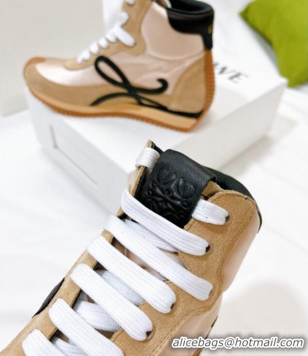 AAAAA Loewe Flow High Top Sneakers in Silk and Suede Apricot 101065