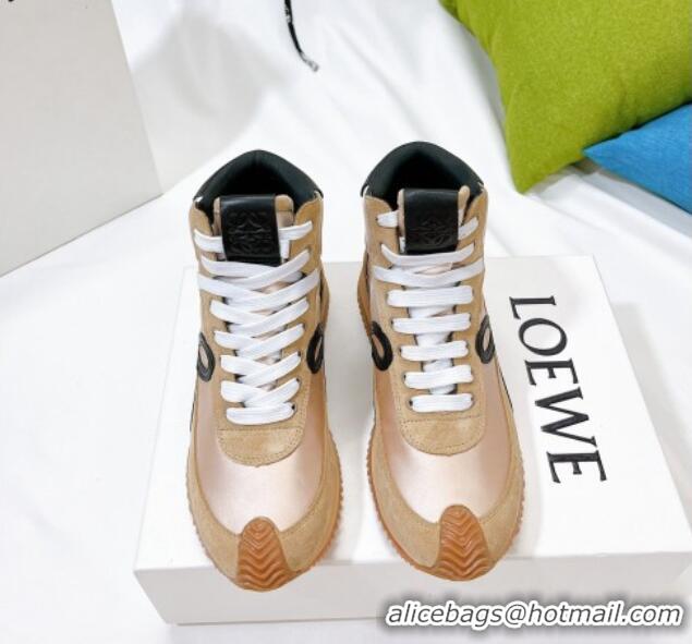 AAAAA Loewe Flow High Top Sneakers in Silk and Suede Apricot 101065