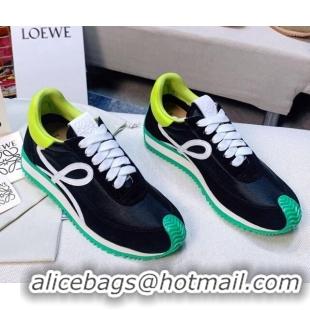 Fashion Luxury Loewe Flow Silk & Suede Sneakers Black/Green 229137