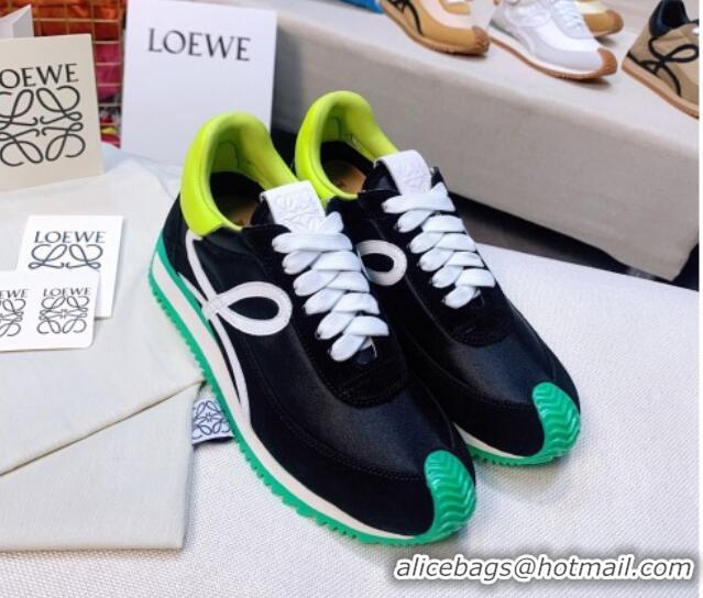 Fashion Luxury Loewe Flow Silk & Suede Sneakers Black/Green 229137