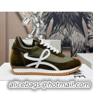 Expensive Loewe Flow Runner Sneakers in Suede and Nylon Dark Green/White 506077