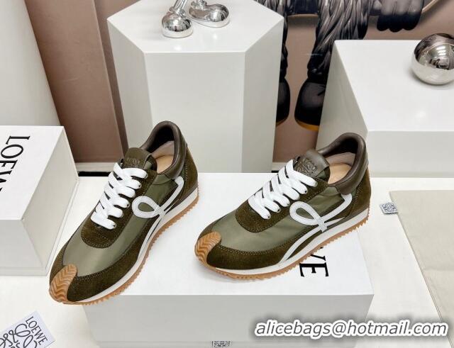 Expensive Loewe Flow Runner Sneakers in Suede and Nylon Dark Green/White 506077