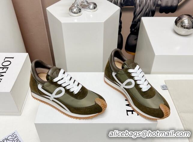 Expensive Loewe Flow Runner Sneakers in Suede and Nylon Dark Green/White 506077