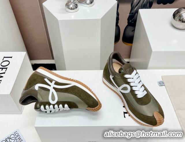 Expensive Loewe Flow Runner Sneakers in Suede and Nylon Dark Green/White 506077