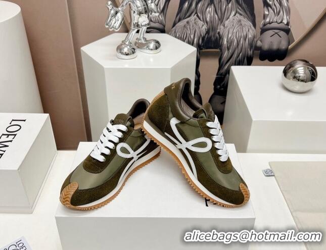 Expensive Loewe Flow Runner Sneakers in Suede and Nylon Dark Green/White 506077