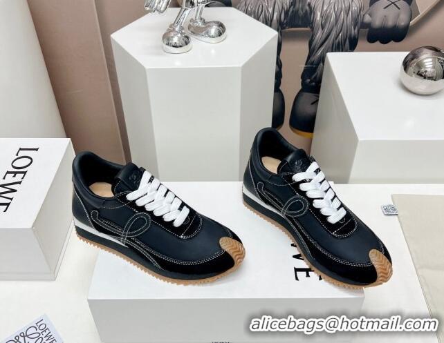 Shop Duplicate Loewe Flow Runner Sneakers in Suede and Nylon Black/White 506079