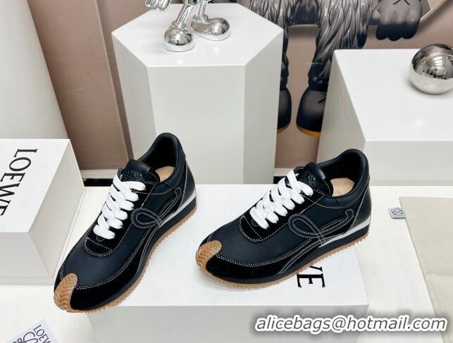 Shop Duplicate Loewe Flow Runner Sneakers in Suede and Nylon Black/White 506079