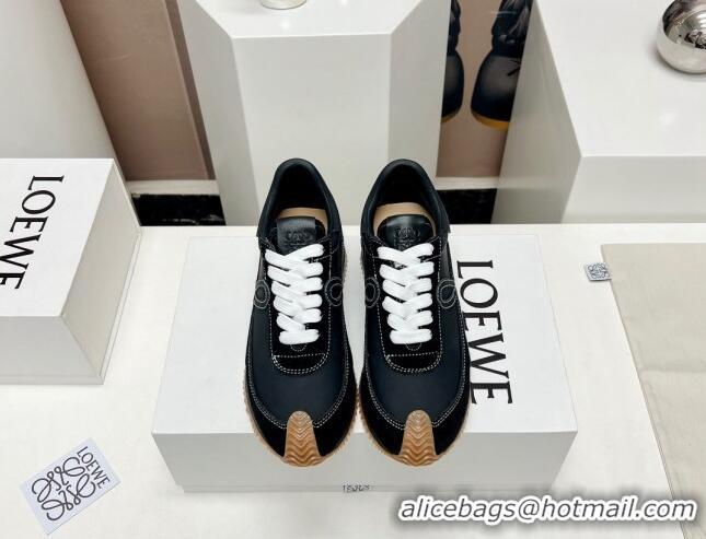 Shop Duplicate Loewe Flow Runner Sneakers in Suede and Nylon Black/White 506079