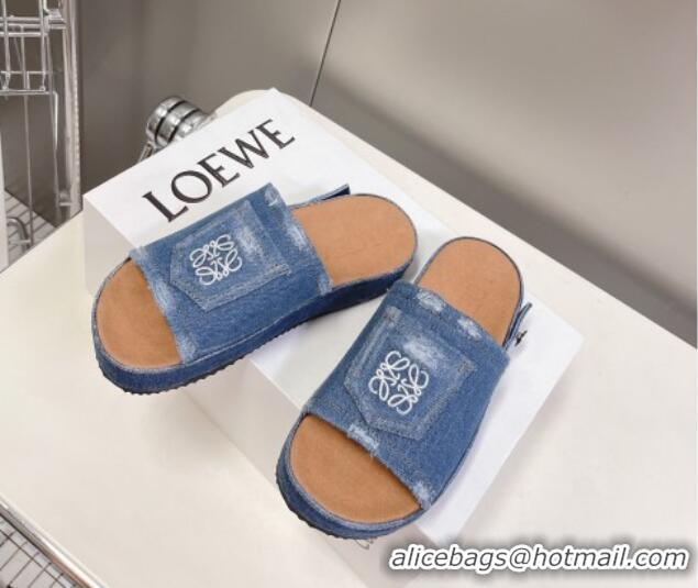 Lower Price Loewe Pocket Denim Platform Slide Sandals Blue 607108