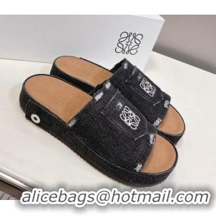 Top Design Loewe Pocket Denim Platform Slide Sandals Black 607109