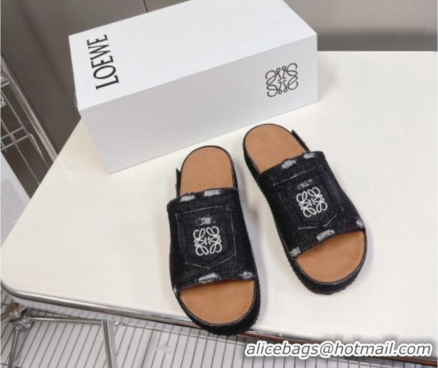 Top Design Loewe Pocket Denim Platform Slide Sandals Black 607109